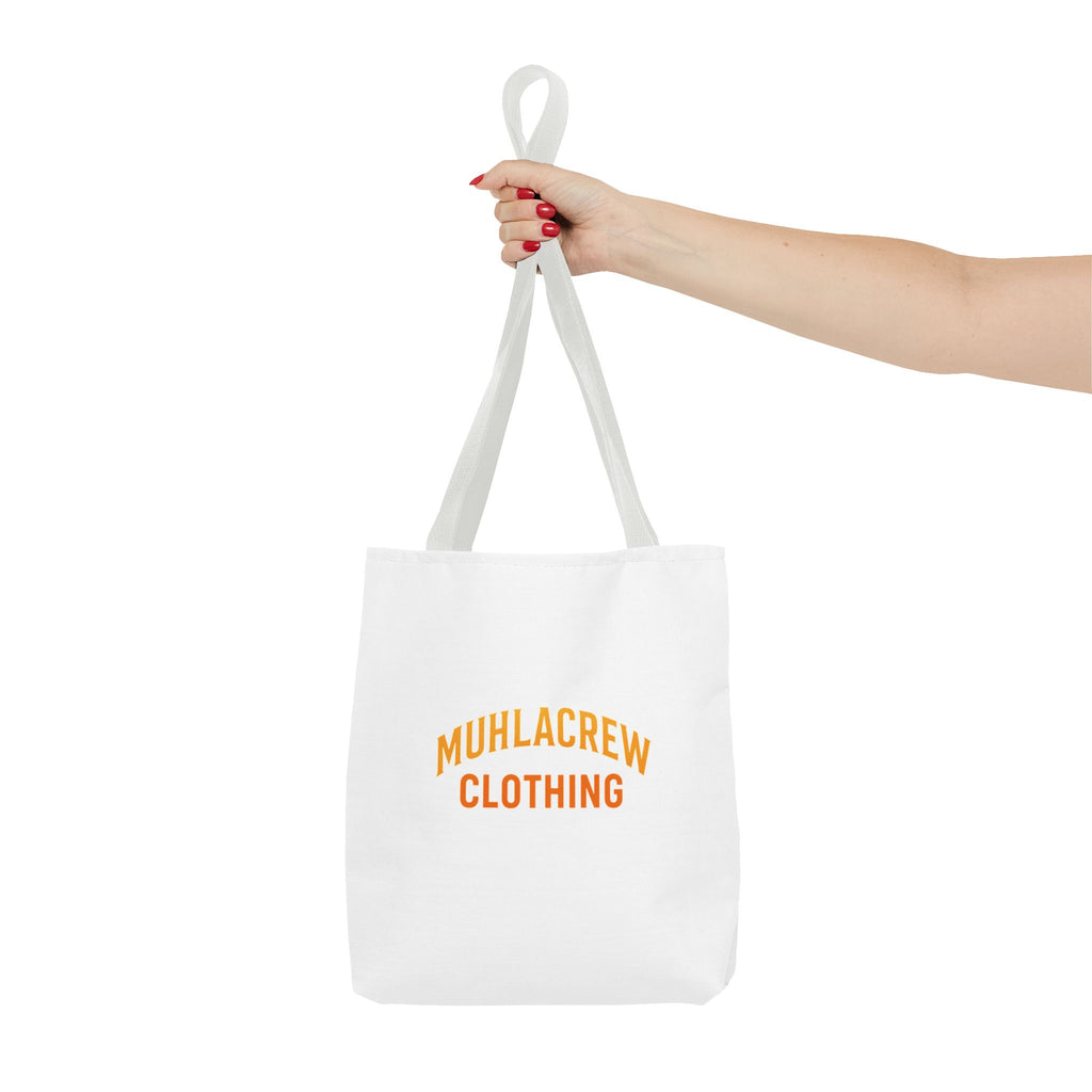 Muhlacrew Tote Bag - 'MUHLACREW CLOTHING' Orange Logo All-Over Print Tote