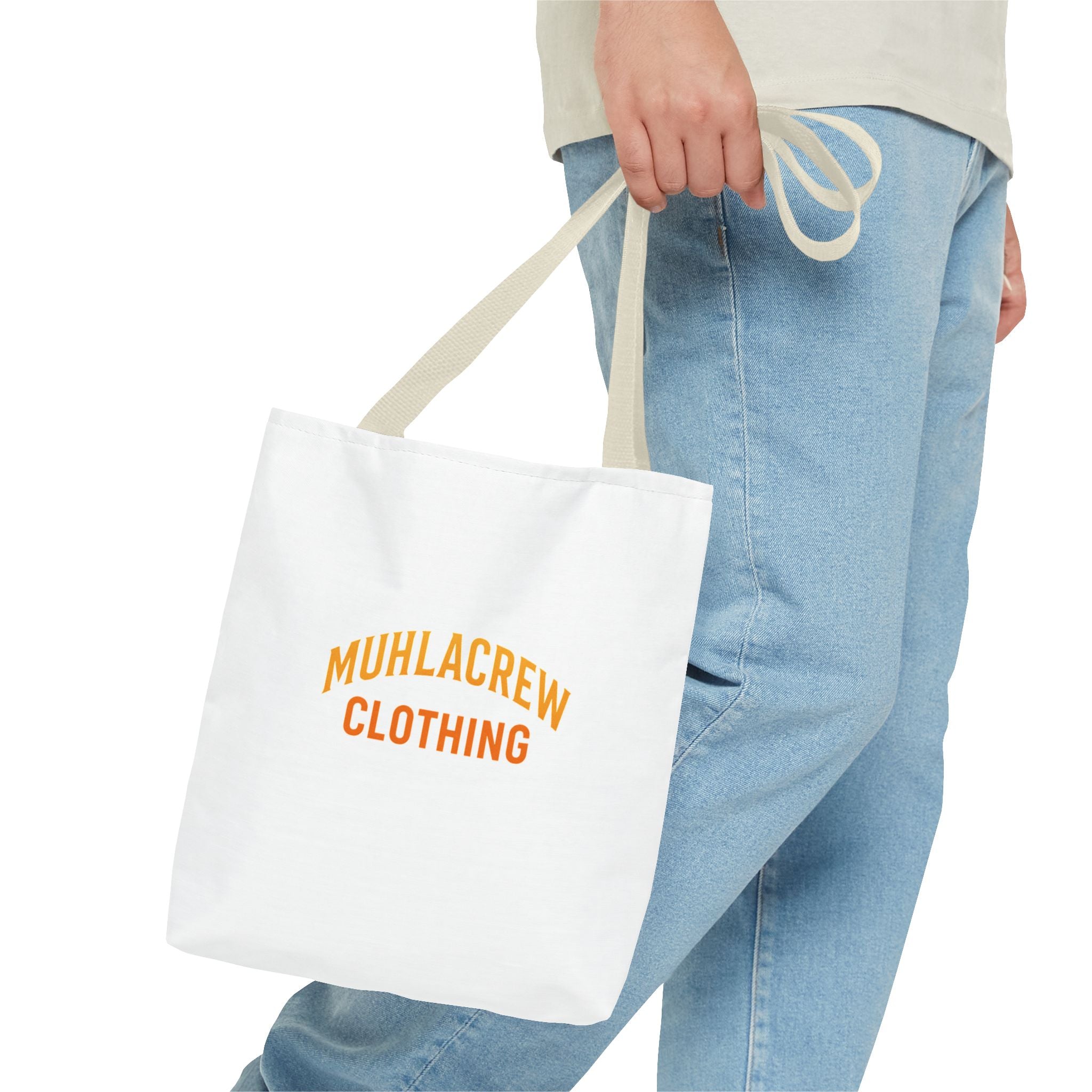 Muhlacrew Tote Bag - 'MUHLACREW CLOTHING' Orange Logo All-Over Print Tote