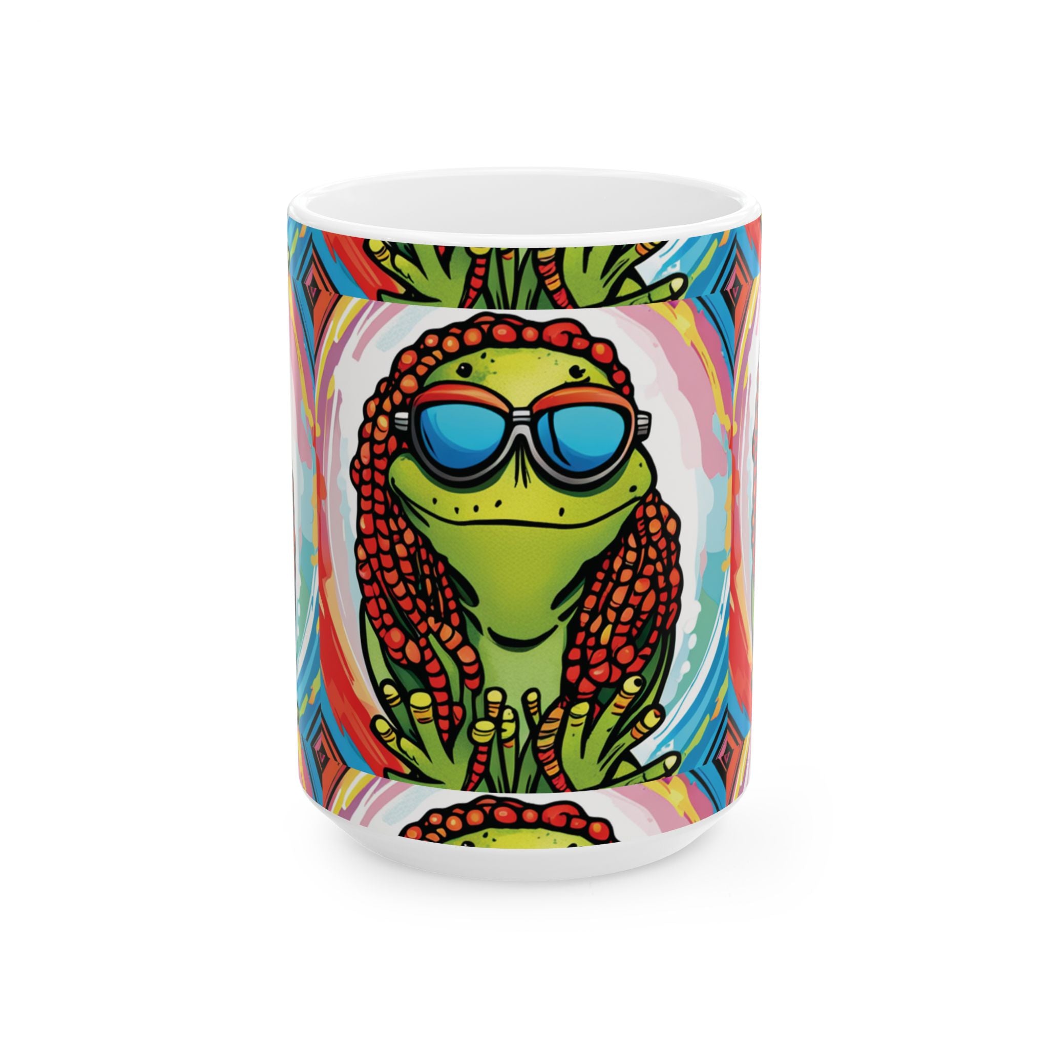 Groovy Frog Ceramic Mug – Retro Sunglasses & Dreadlocks Art (11oz/15oz)