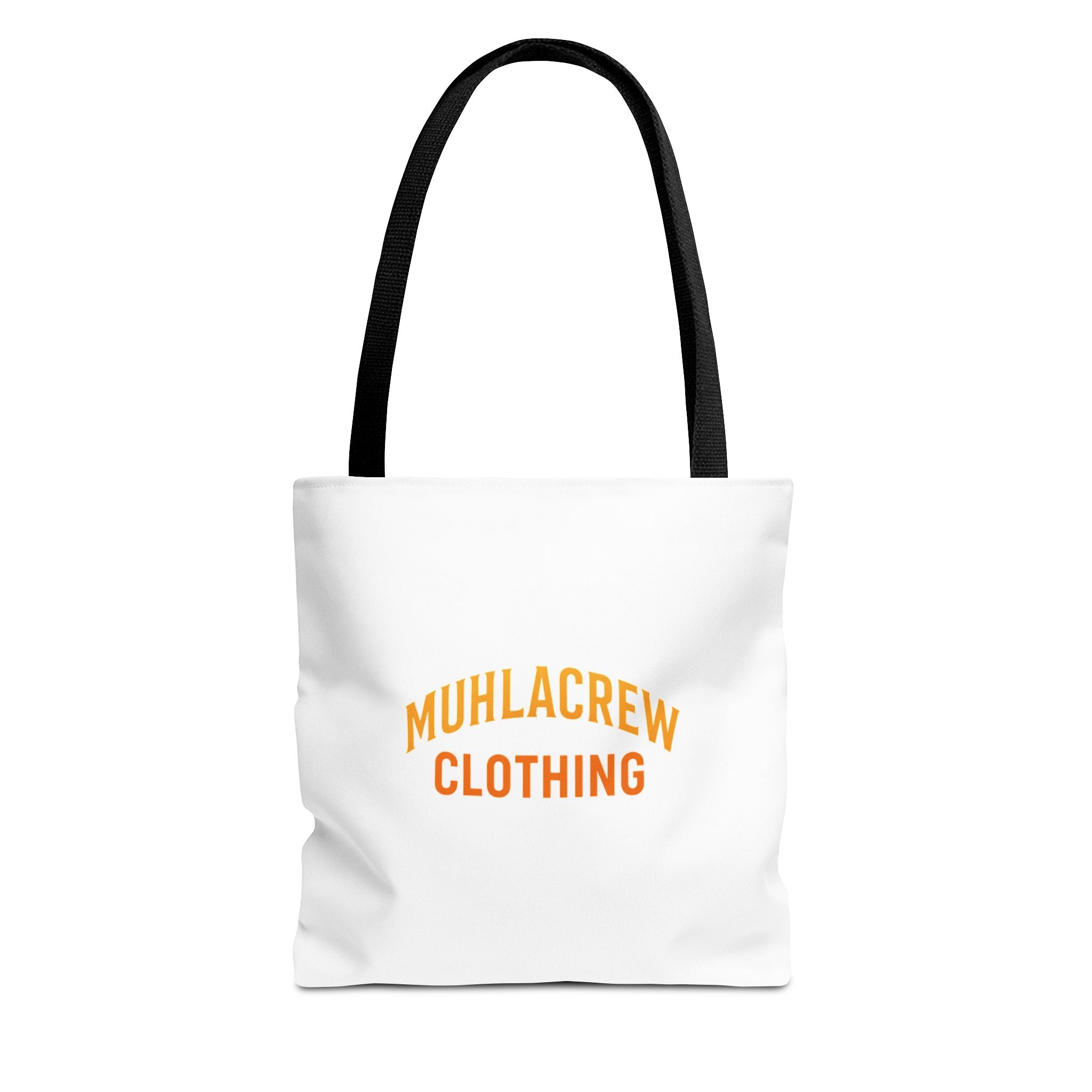 Muhlacrew Tote Bag - 'MUHLACREW CLOTHING' Orange Logo All-Over Print Tote