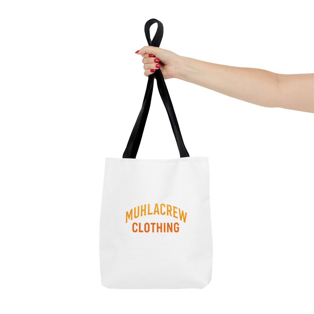 Muhlacrew Tote Bag - 'MUHLACREW CLOTHING' Orange Logo All-Over Print Tote