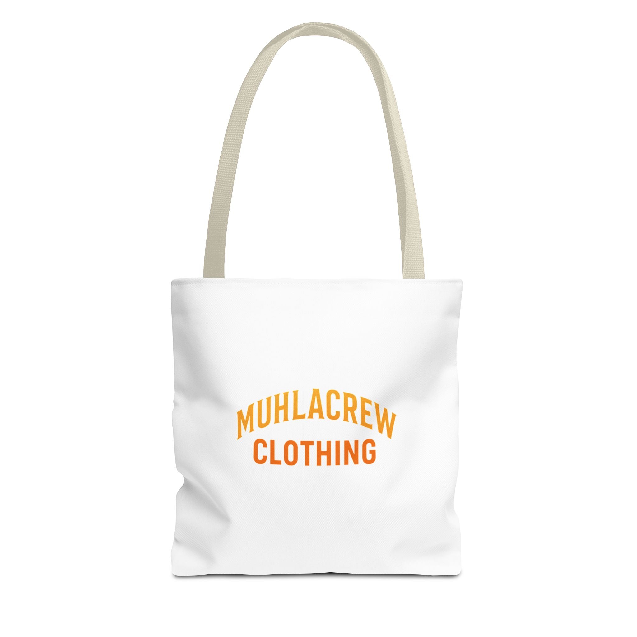 Muhlacrew Tote Bag - 'MUHLACREW CLOTHING' Orange Logo All-Over Print Tote