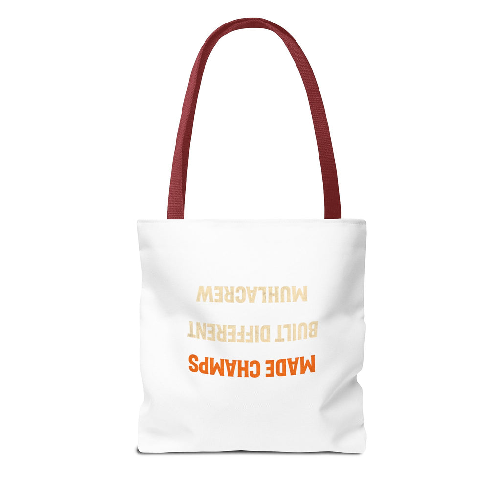 Muhlacrew Tote Bag - 'MUHLACREW CLOTHING' Orange Logo All-Over Print Tote