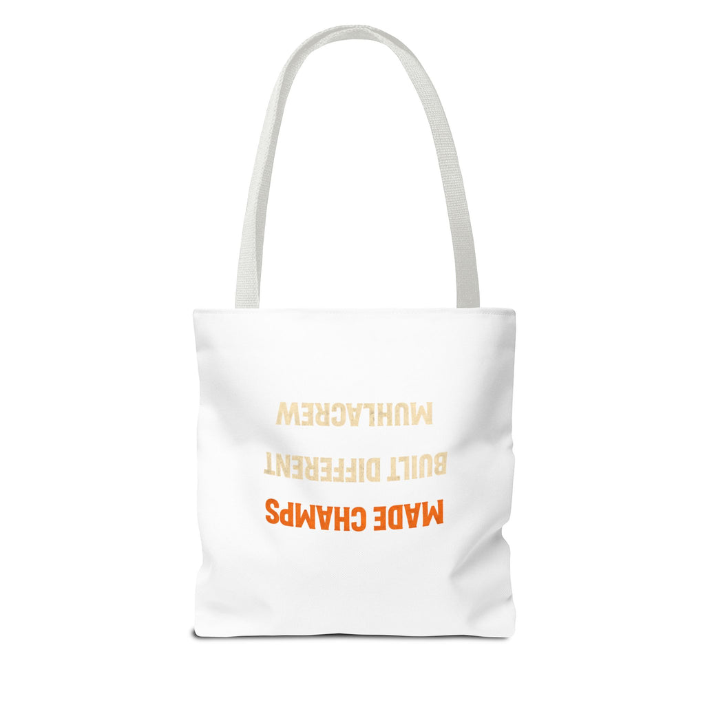 Muhlacrew Tote Bag - 'MUHLACREW CLOTHING' Orange Logo All-Over Print Tote