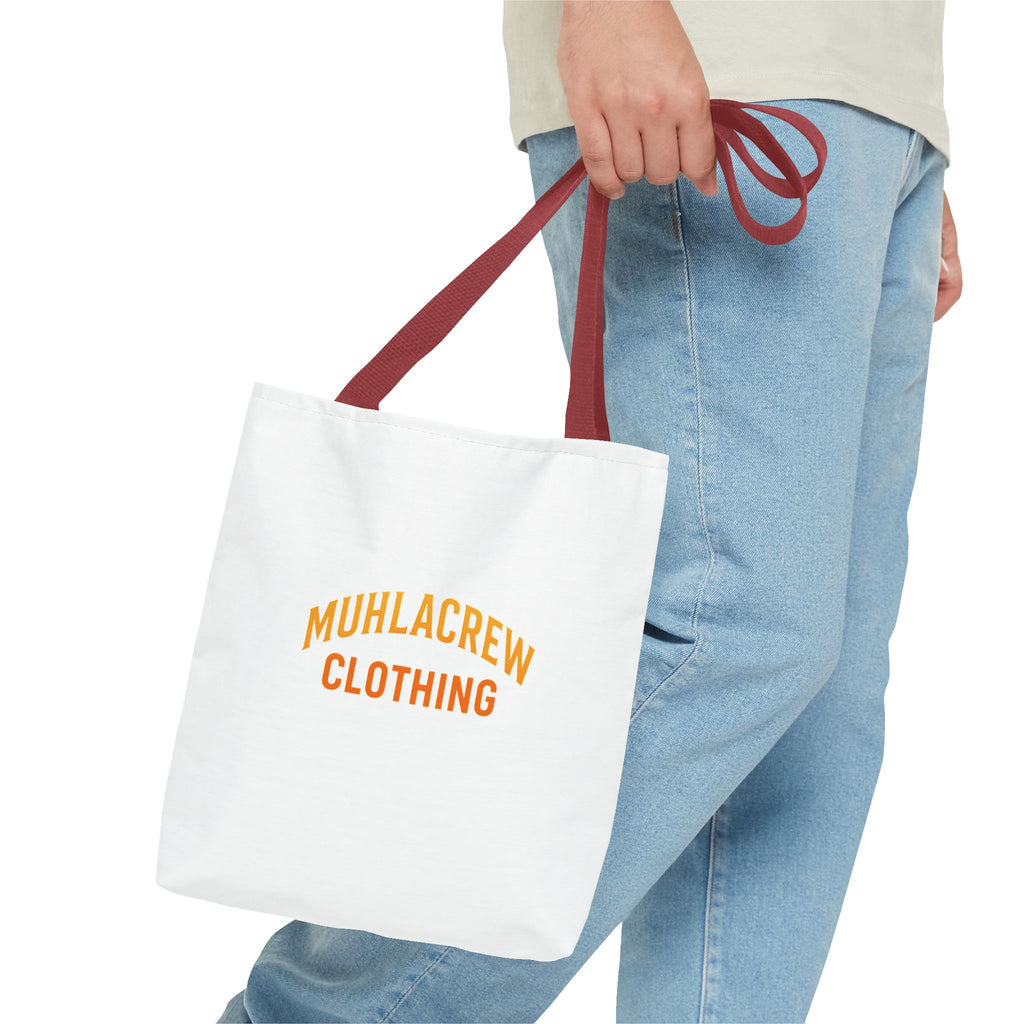 Muhlacrew Tote Bag - 'MUHLACREW CLOTHING' Orange Logo All-Over Print Tote