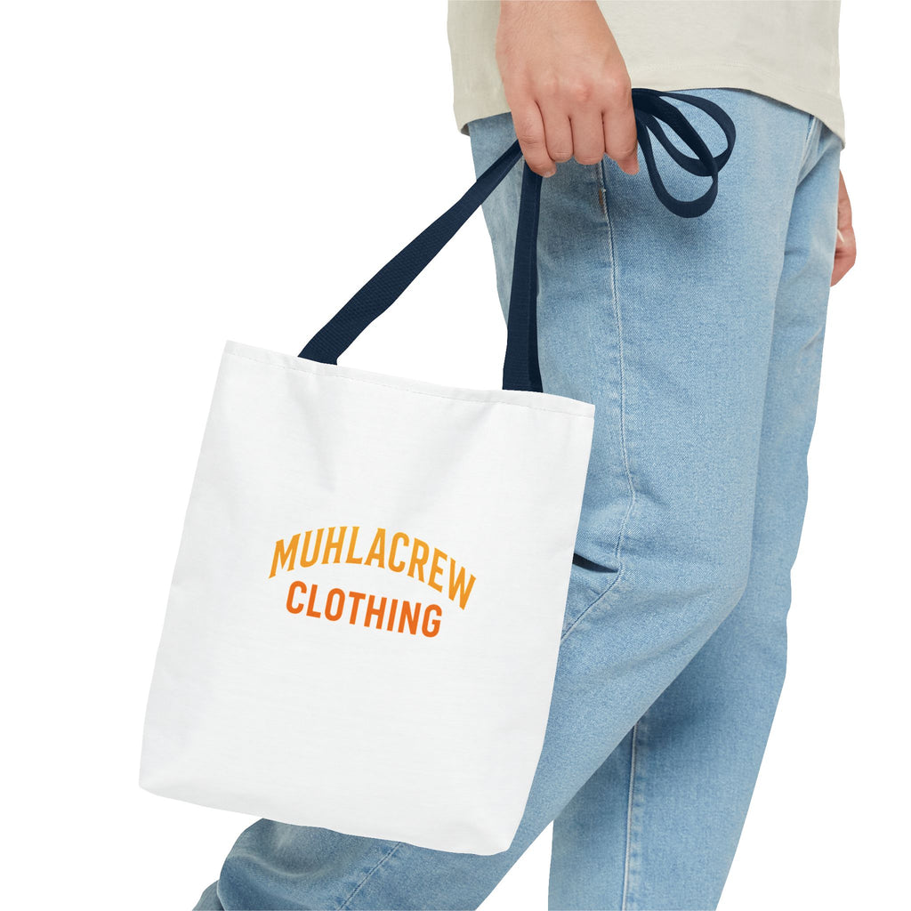 Muhlacrew Tote Bag - 'MUHLACREW CLOTHING' Orange Logo All-Over Print Tote