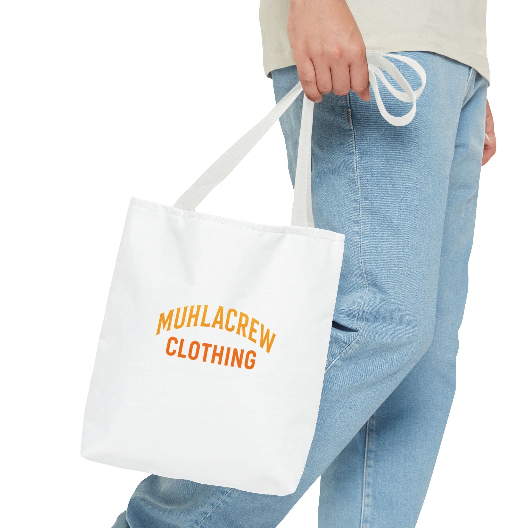 Muhlacrew Tote Bag - 'MUHLACREW CLOTHING' Orange Logo All-Over Print Tote