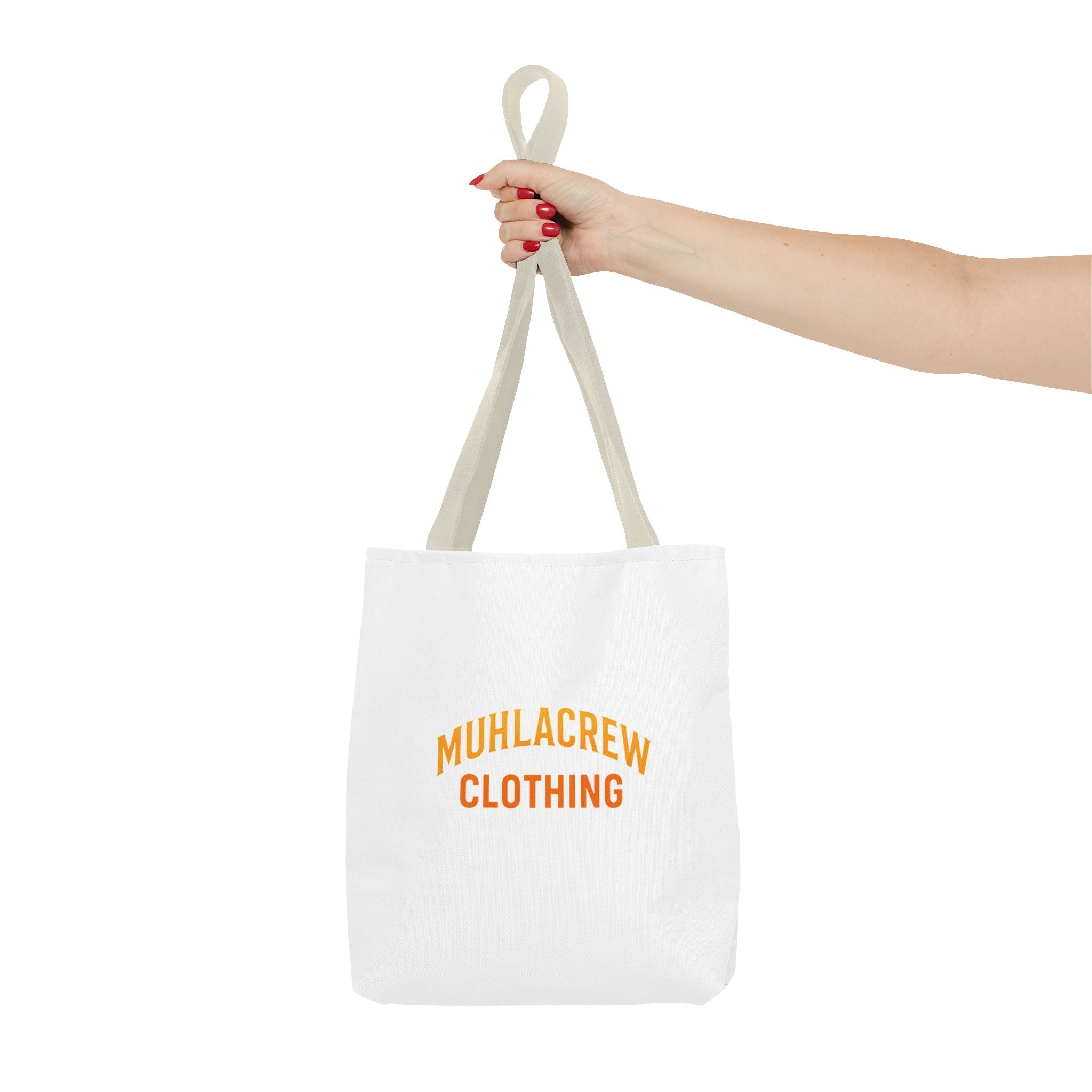 Muhlacrew Tote Bag - 'MUHLACREW CLOTHING' Orange Logo All-Over Print Tote