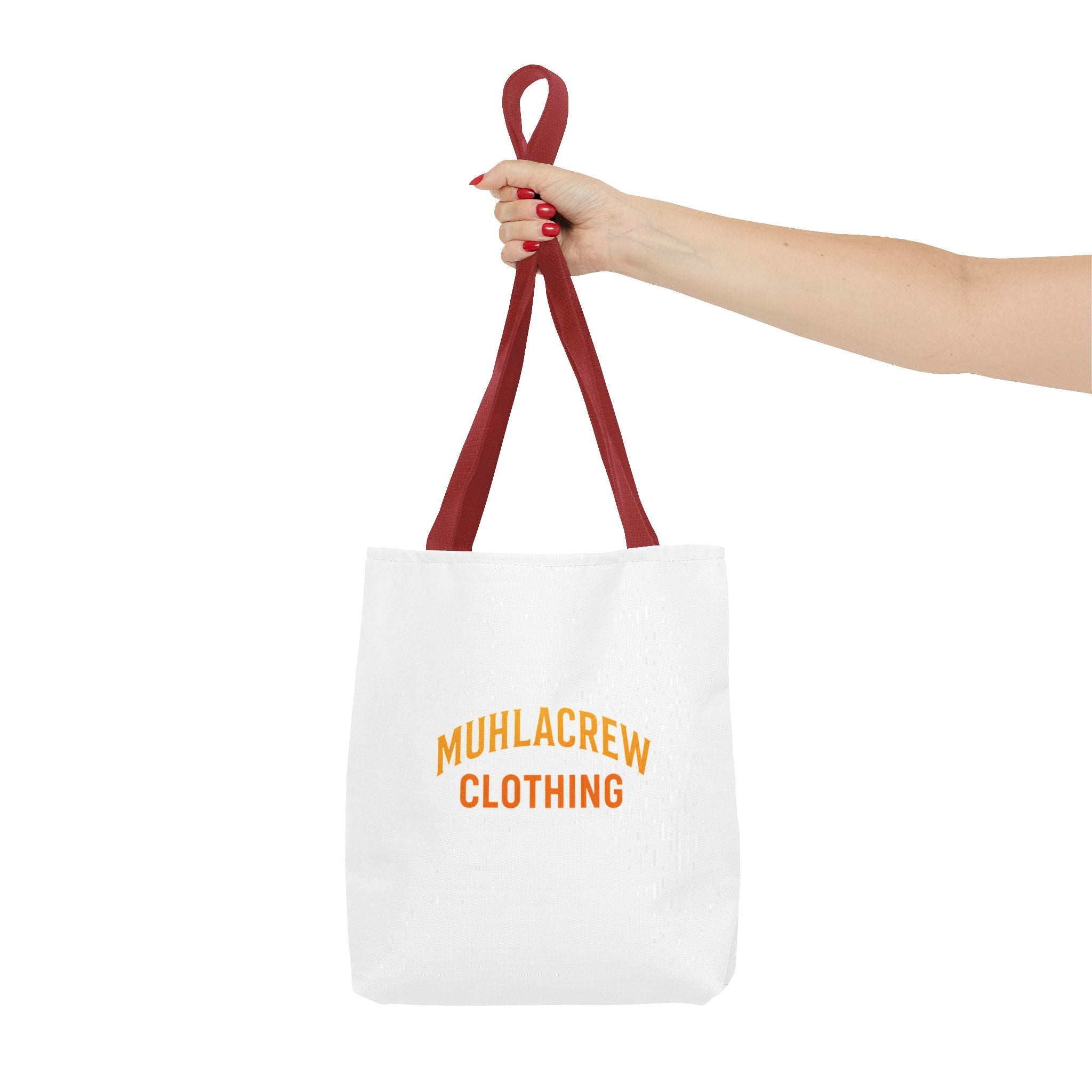 Muhlacrew Tote Bag - 'MUHLACREW CLOTHING' Orange Logo All-Over Print Tote